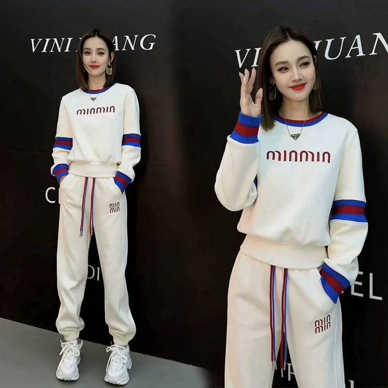 【世希】春秋新款韩版休闲运动服套装女两件套圆领卫衣束脚裤刺绣