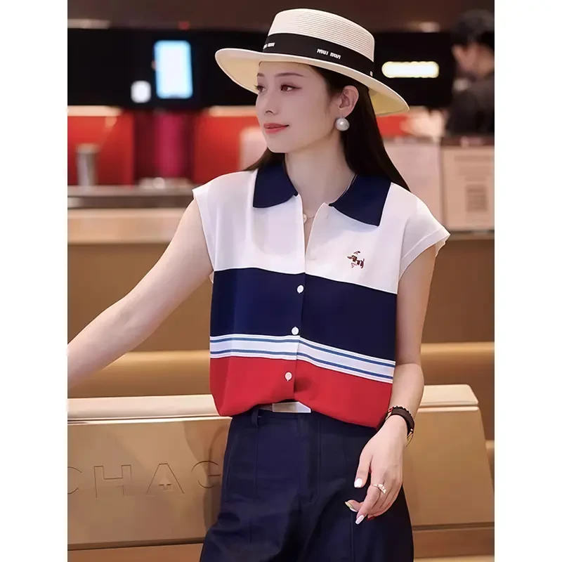 韩系设计感撞色条纹连肩短袖T恤开衫针织女夏季新款时尚洋气上衣