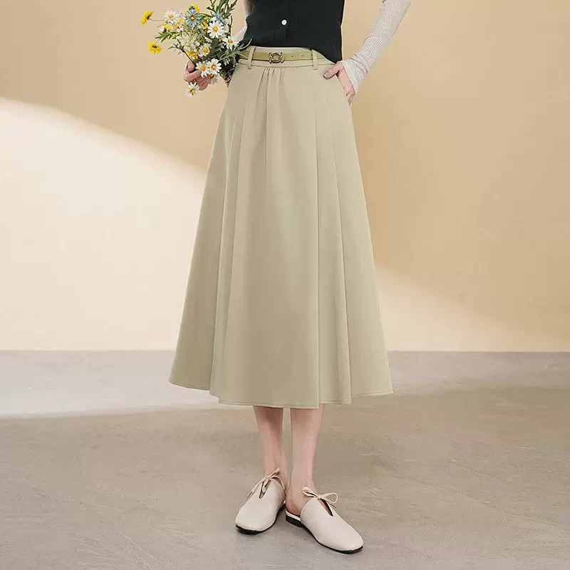 米色职业伞裙半身裙女2025春季新款高腰中长款遮胯显瘦百褶a字裙