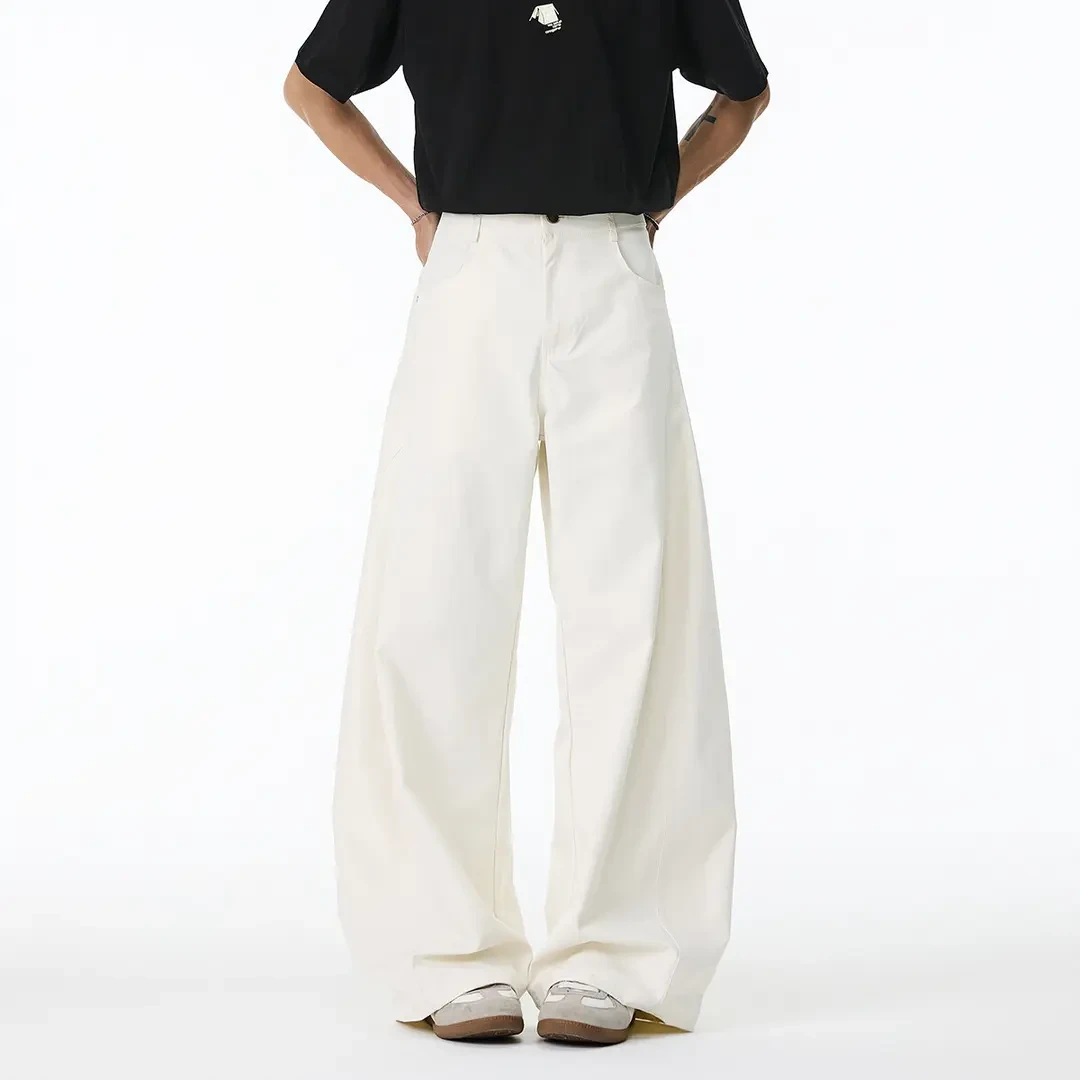 夏季新款弹力解构设计纯色垂感弯刀裤宽松百搭休闲情侣白色休闲裤