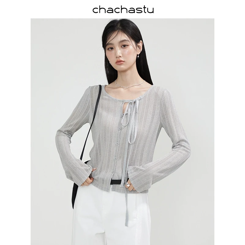 CHACHASTU【期待春日】斜领系带 复古针织提花百搭开衫  H4071W