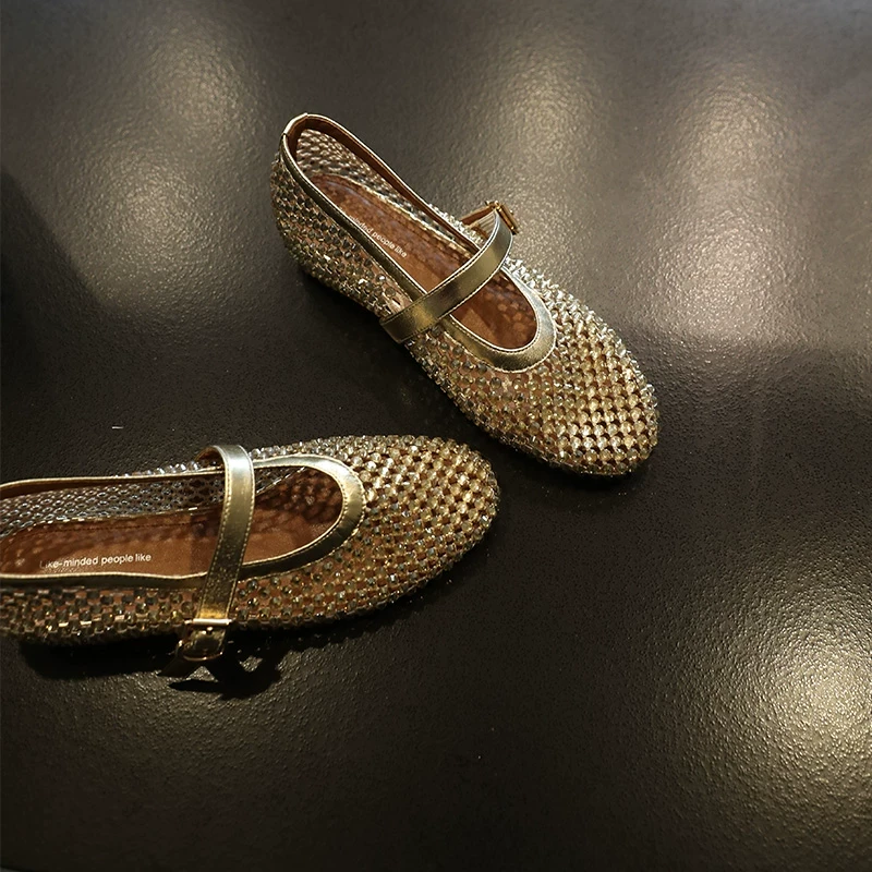 手工鞋春夏网孔一字扣芭蕾舞鞋水钻平底镂空玛丽珍女鞋渔网内增高