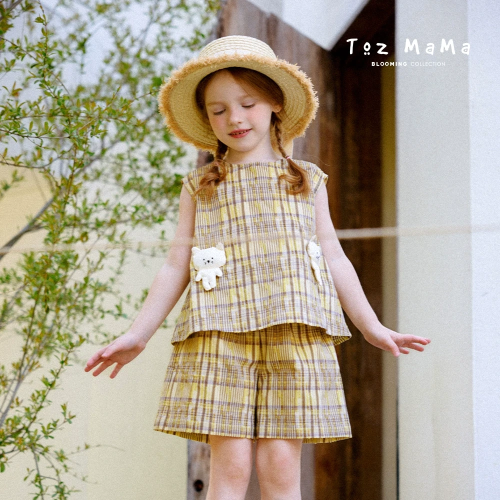 Toz Girls豆几妈4/23立体小熊格纹无袖小衫短裤套装女童两件套夏