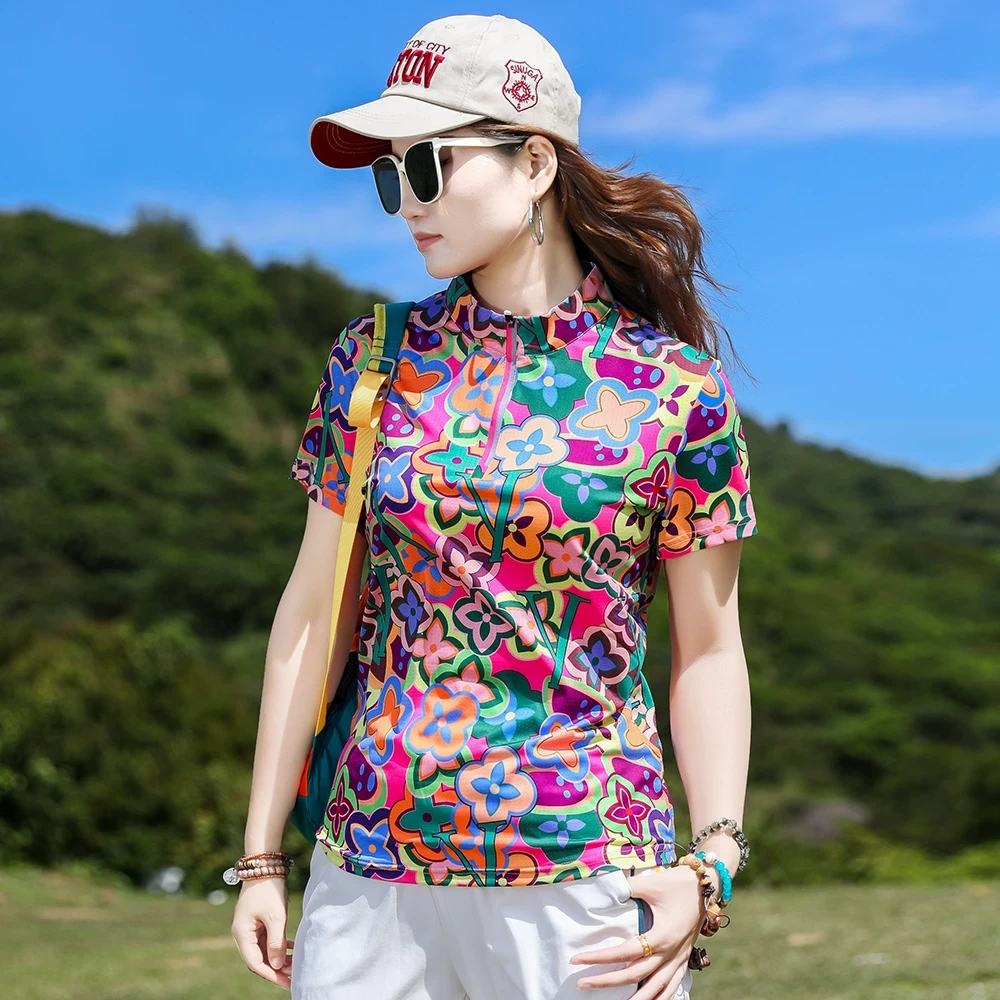 户外花色短袖速干T恤女运动夏季跑步健身排汗透气弹力立领快干衣