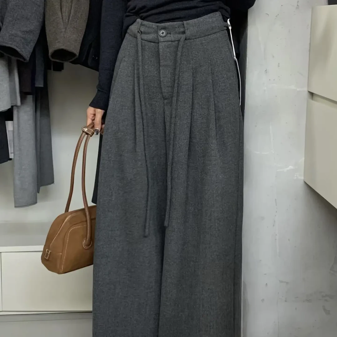 慵懒风秋冬加厚灰色呢子阔腿裤女宽松显瘦松紧腰垂感长裤