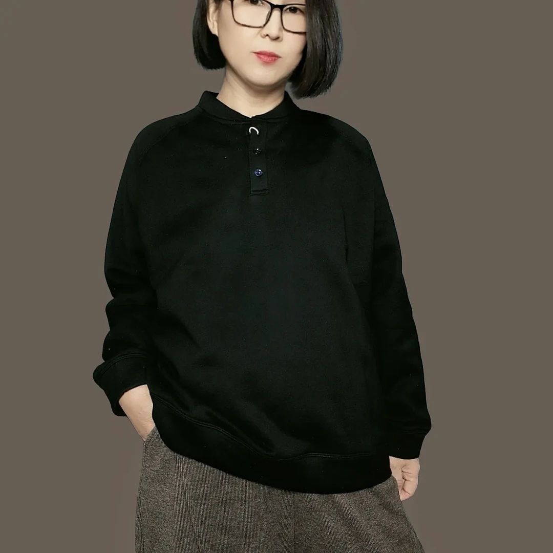 纯色冬季新款女士宽松套头保暖卫衣三粒扣休闲长袖上衣百搭