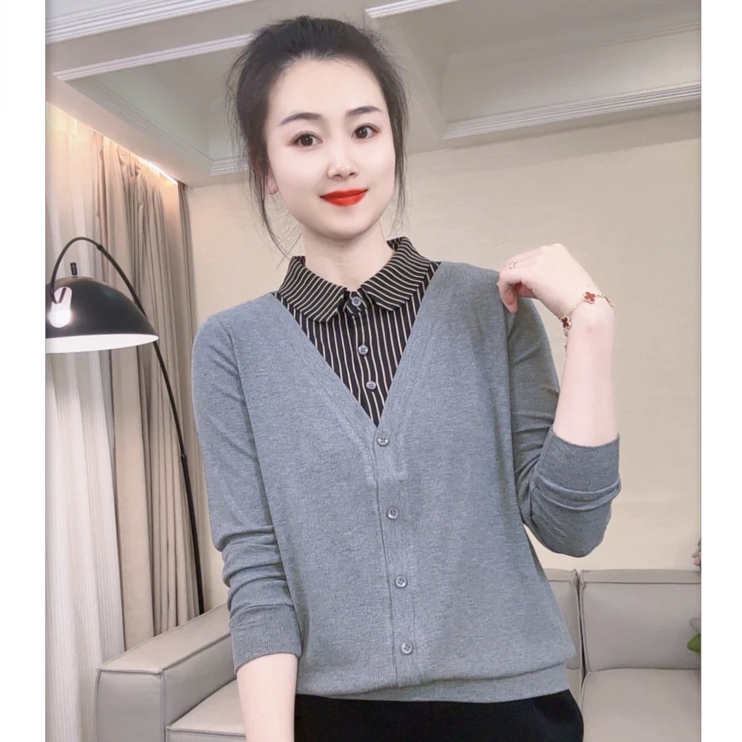 2025新款春秋衬衫领假两件条纹款显瘦洋气时尚休闲气质女士百搭