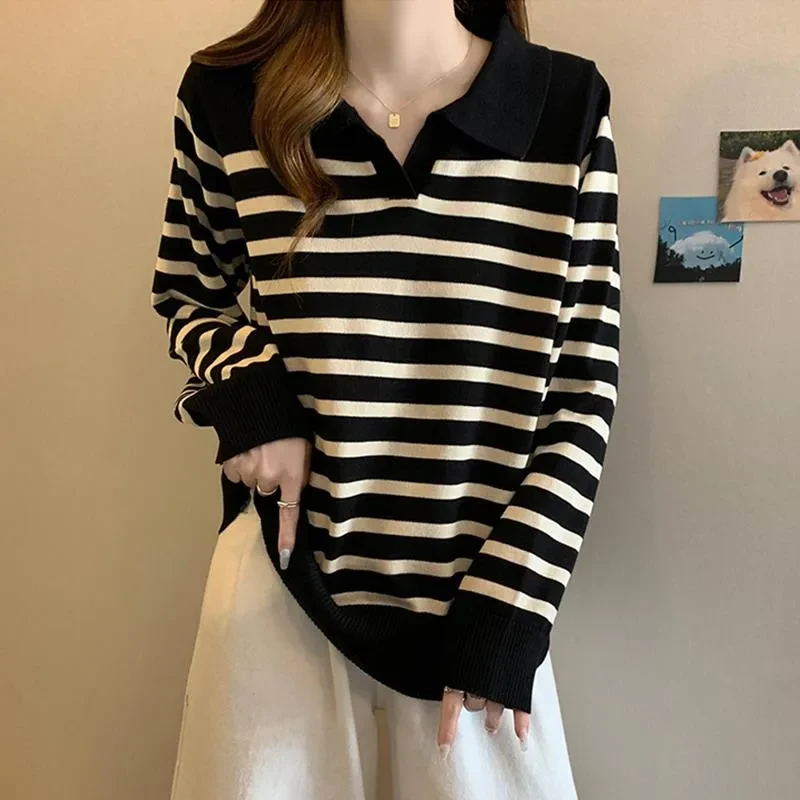 大码女装遮肚子POLO领条纹针织衫女春秋胖妹妹洋气百搭显瘦打底衫