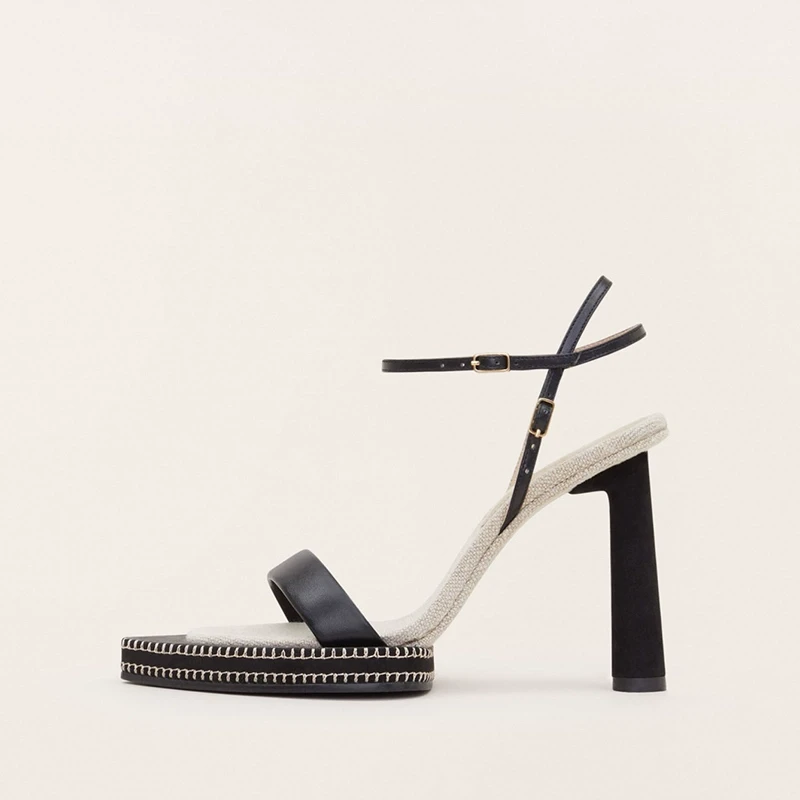 一字带凉鞋女粗跟真皮高跟鞋时装凉鞋3Y407