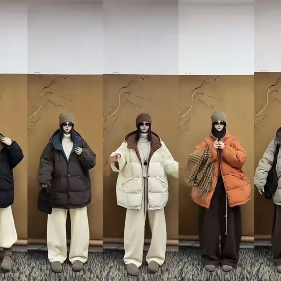 冬季新款韩系撞色宽松中长款加厚白鸭绒羽绒服