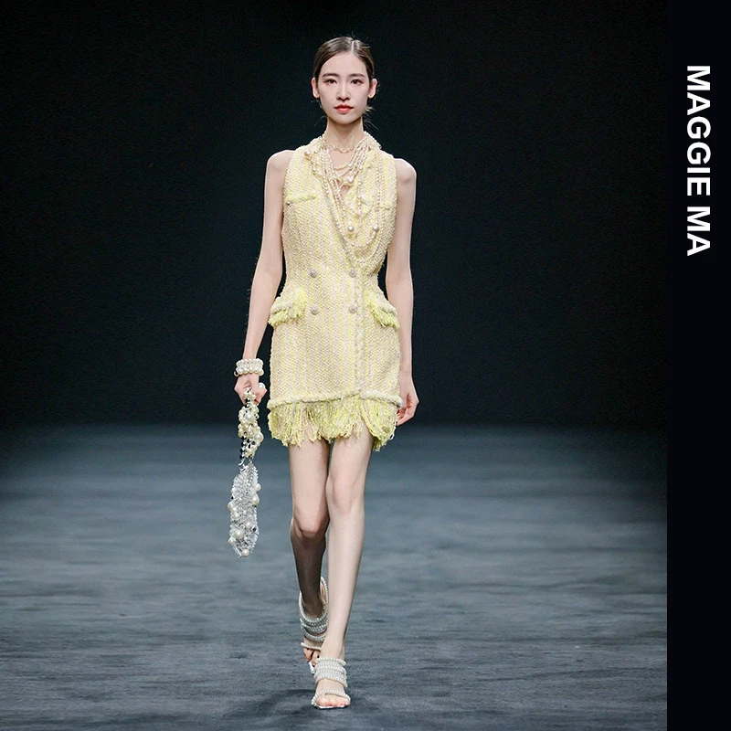 MAGGIE MA马婧设计师款夏日法式小香风气质显白流苏连衣裙女176D