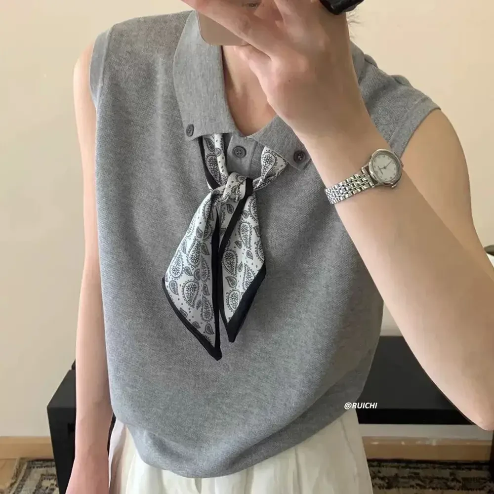 韩系2025夏季新款POLO翻领纽扣丝巾高级感洋气套头无袖针织衫上衣