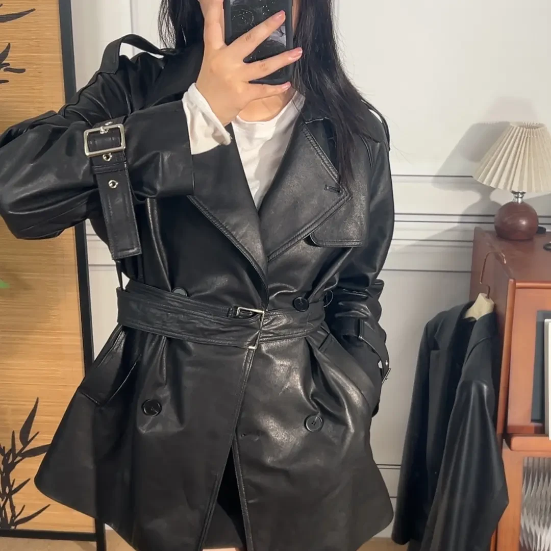 2025全植鞣真皮风衣女头层中长款黑色系带收腰显瘦皮衣外套女