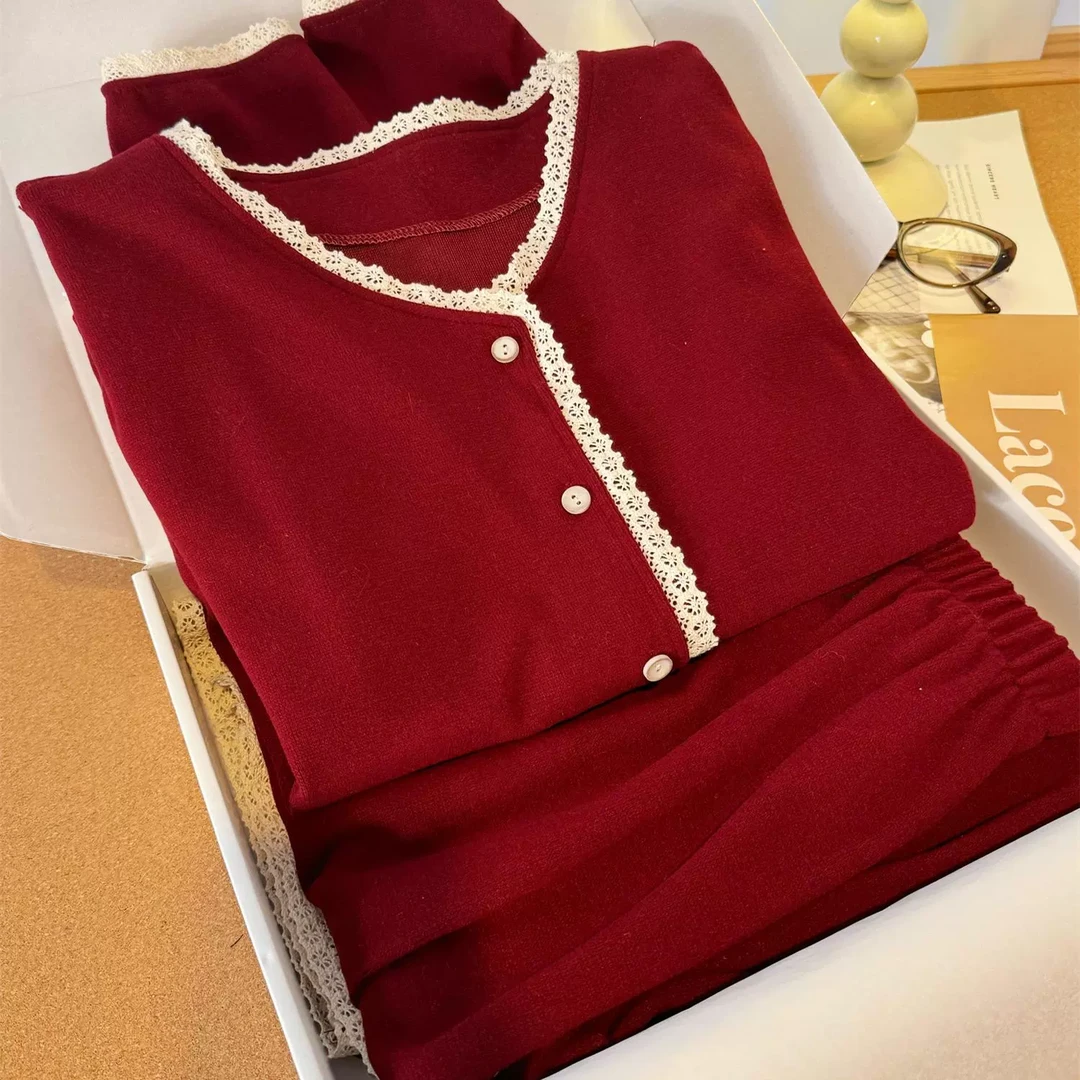 少女甜美花边长袖睡衣女春秋季2025年新款红色大码长裤两件套装