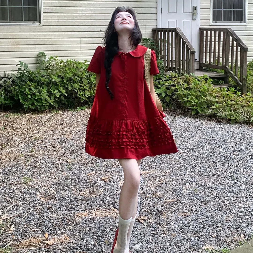 2025新款韩系穿搭娃娃领红色连衣裙子女夏季小个子甜美气质短裙