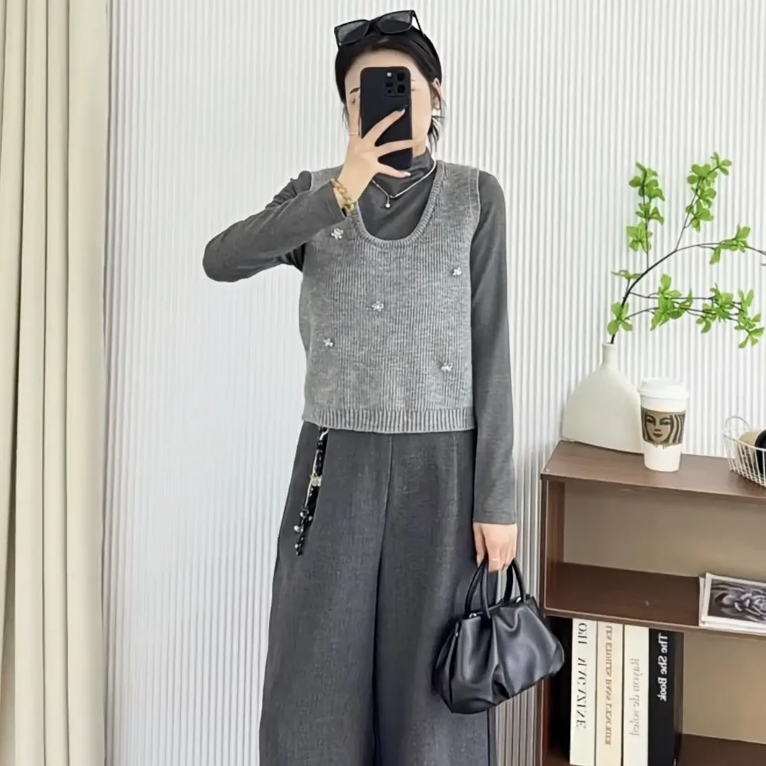 VVFUSHI 14113秋冬季针织毛衣马甲打底衫搭配九分阔腿裤套装洋气