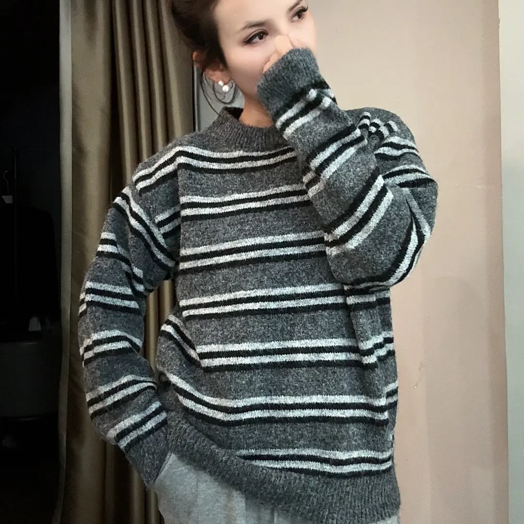 0011#厚款宽松型女条纹套头款毛针织衫套头打底衫时尚休闲