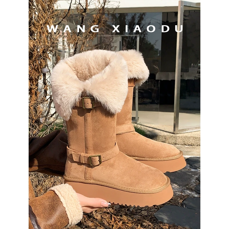 【王小毒】初雪●翻边厚底雪地靴女2024冬季新款外穿保暖中高筒靴