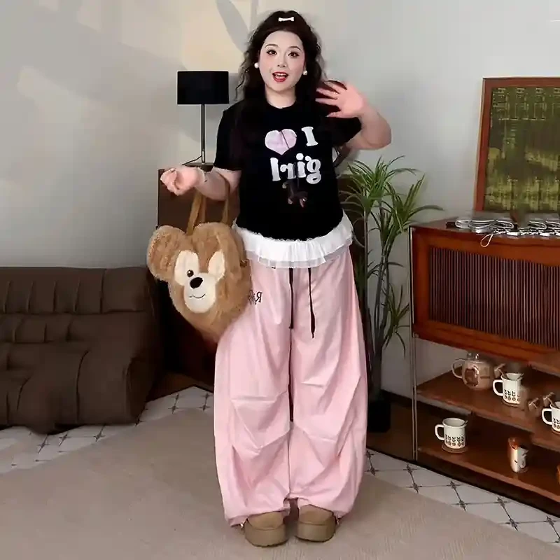 大尺码甜美印花蕾丝拼接粉色裤子两件套女夏季新款胖显瘦减龄套装