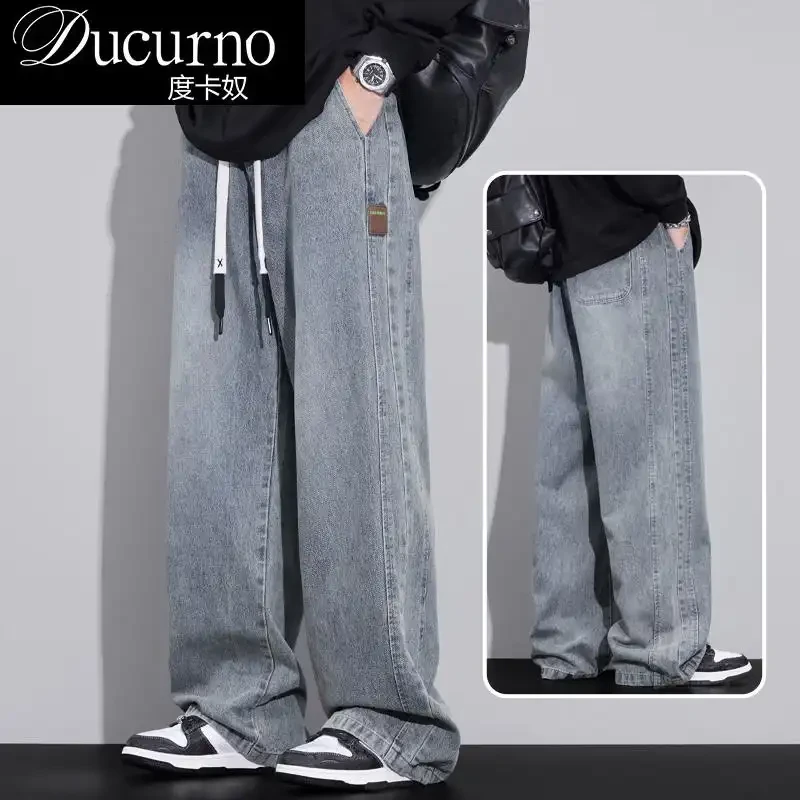 大码阔腿牛仔裤男夏季薄款美式复古宽松直筒休闲长裤轻奢痞帅男装