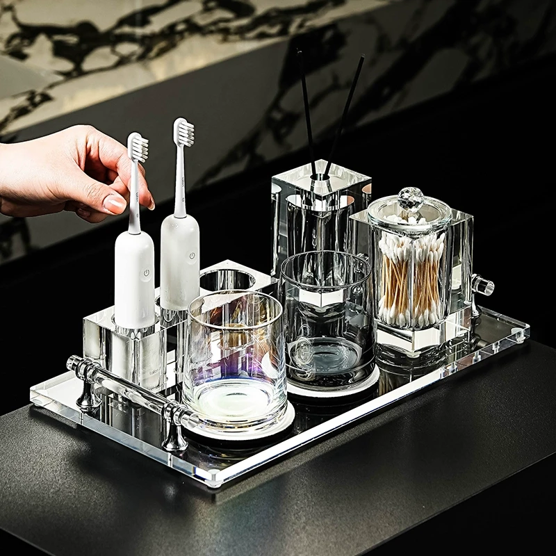 简约透明电动牙刷置物架家用卫生间台面洗漱用品水晶玻璃收纳套装