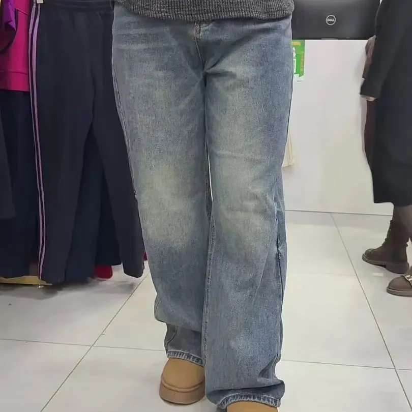做旧水洗休闲宽松牛仔裤苹果型身材显瘦长裤