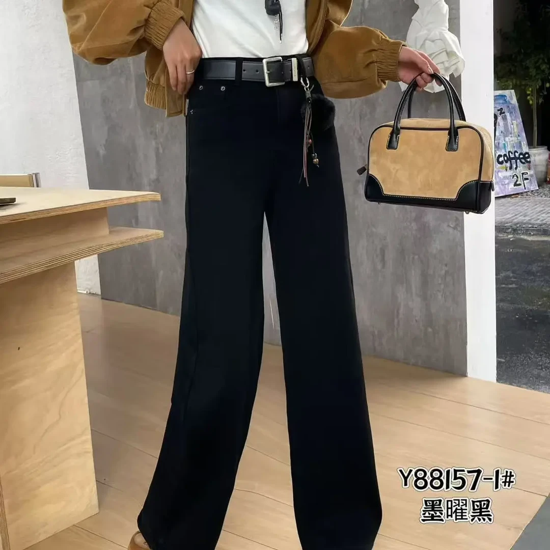 黑色加绒高腰显瘦窄版直筒牛仔裤女秋冬季设计师款阔腿长裤