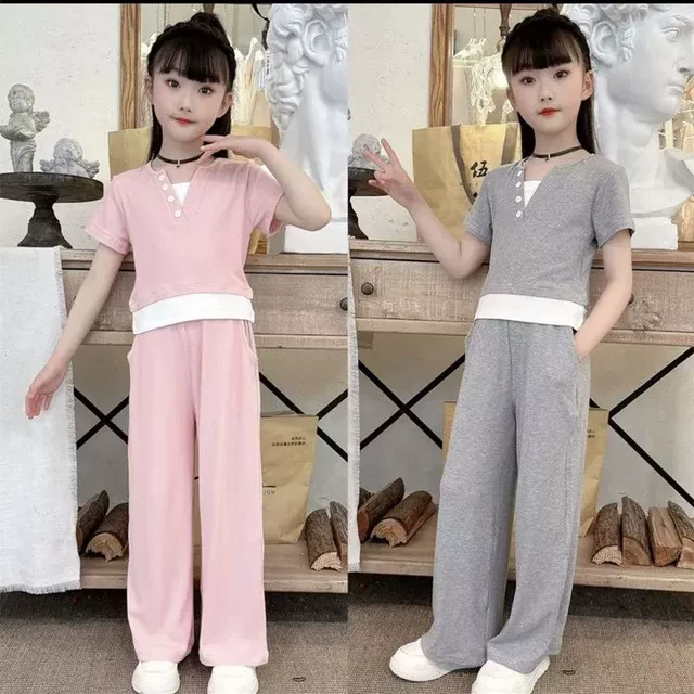 女童夏季套装假两件垂感2025新款洋气短袖T恤儿童休闲夏装两件套