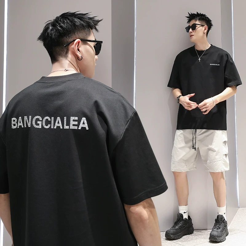 有术原创烫钻美式潮牌短袖T恤男夏季重磅休闲宽松五分袖圆领t恤