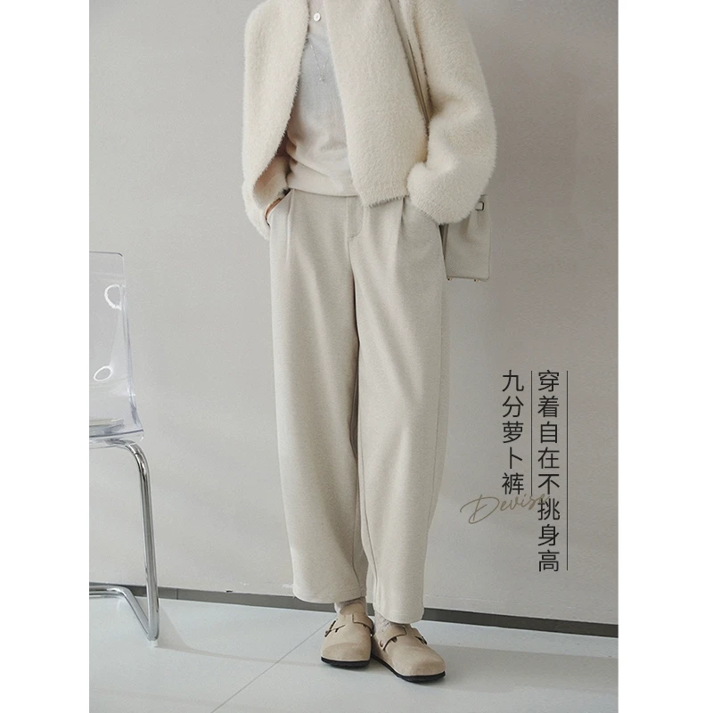 苹果的生活家|保暖仿毛呢裤 显瘦松紧腰九分宽松休闲厚萝卜裤女