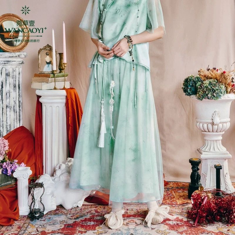 菀壹新款新中式a字中长款印花复古日常半身裙O15131421