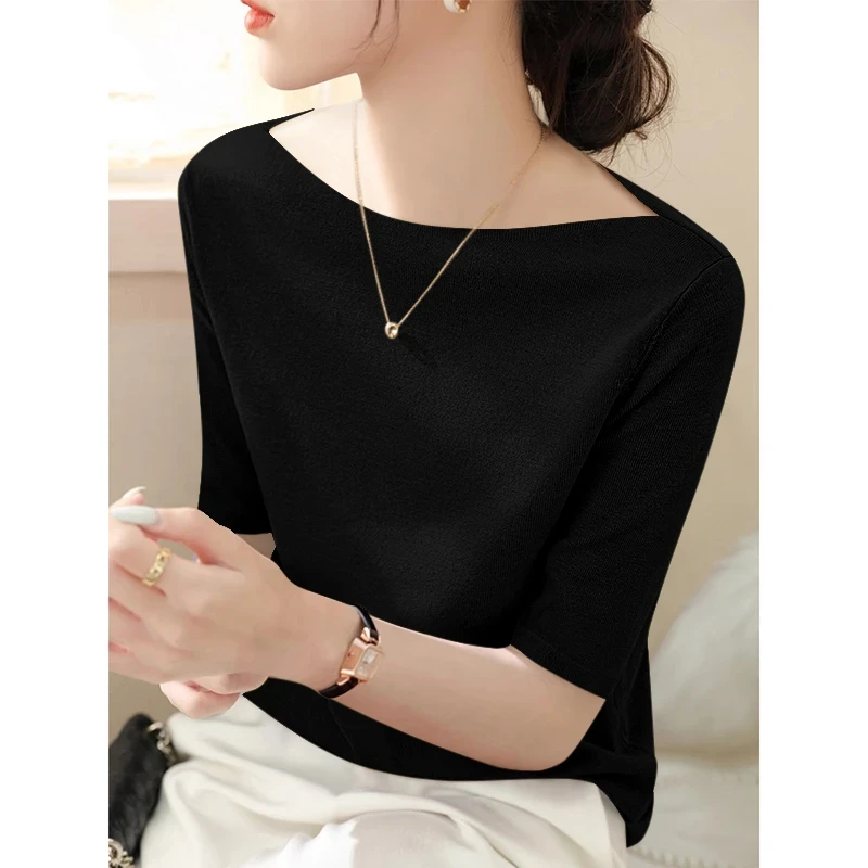 新款2025洋气修身一字领纯色螺纹打底上衣休闲纯欲五分袖针织T恤