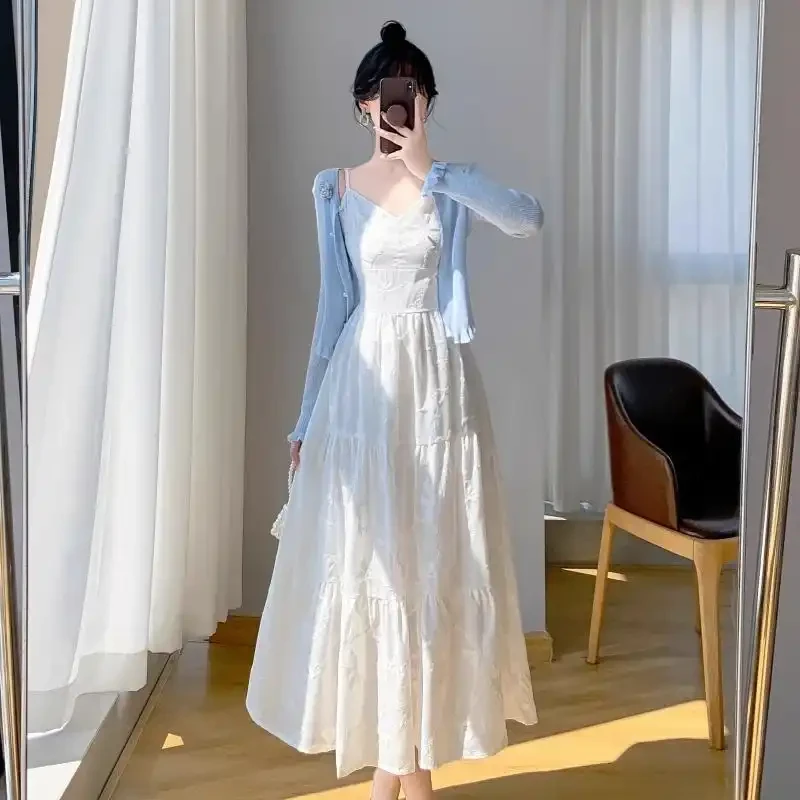 开春穿搭一整套大码胖mm开衫吊带连衣裙子韩系温柔漂亮两件套装女