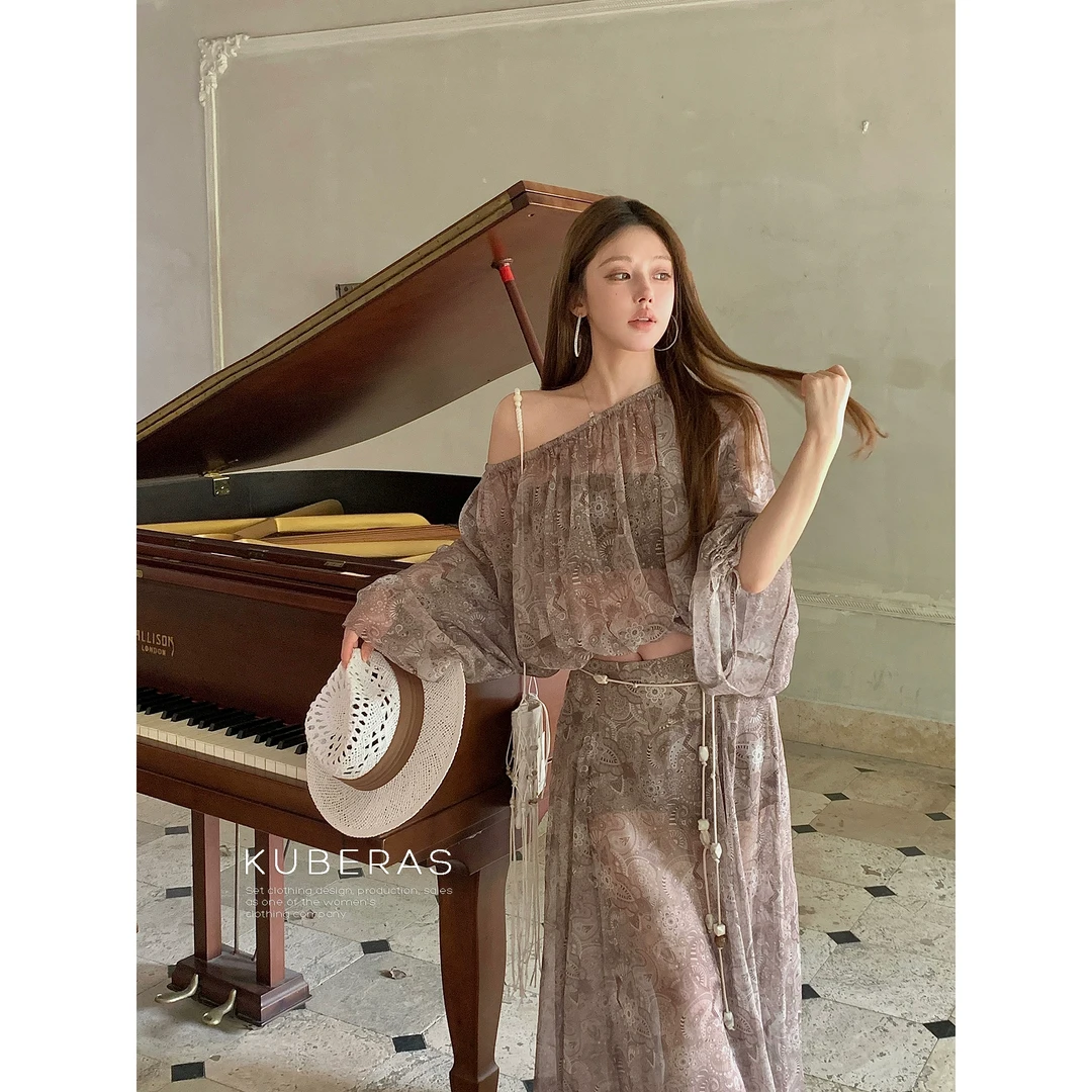 KUBERAS 复古高级感腰果花蝙蝠袖雪纺短上衣高腰A字垂感长裙套装