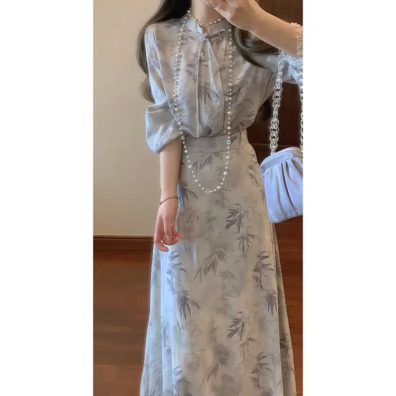 C175+C176清冷感水墨竹叶碎花盘扣上衣半身裙气质两件套裙装