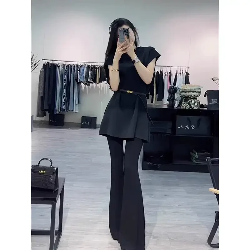 休闲套装女2025夏日洋气中长款短袖T恤上衣高腰黑色显瘦微喇裤子