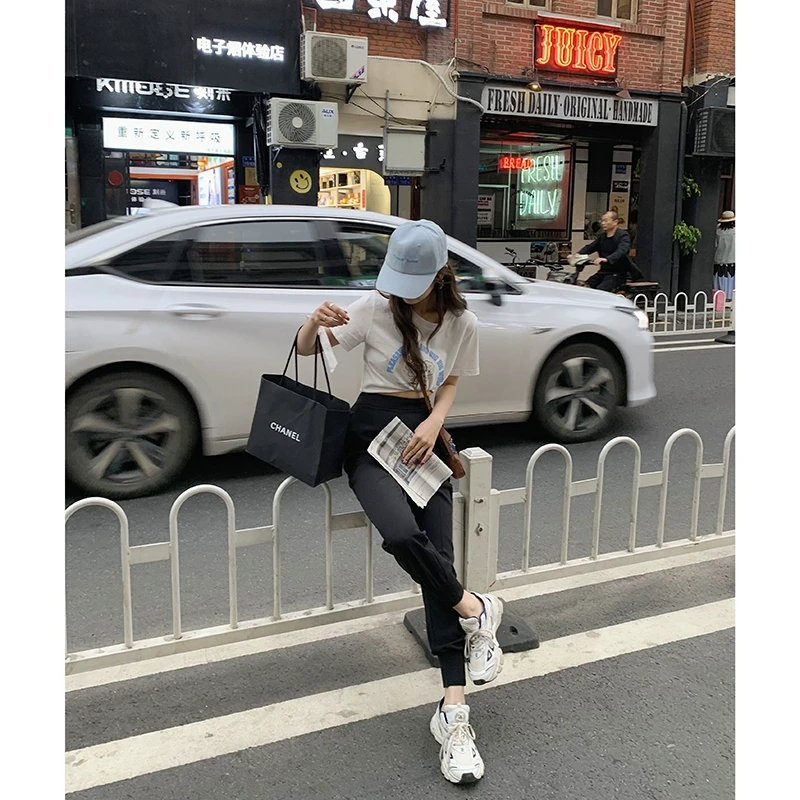 时尚休闲裤女夏黑色束脚裤修身显瘦MK211007