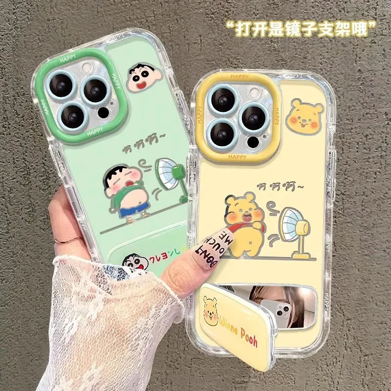 适用可爱维尼熊镜子支架苹果16手机壳新款华为vivo小米15OPPO防摔