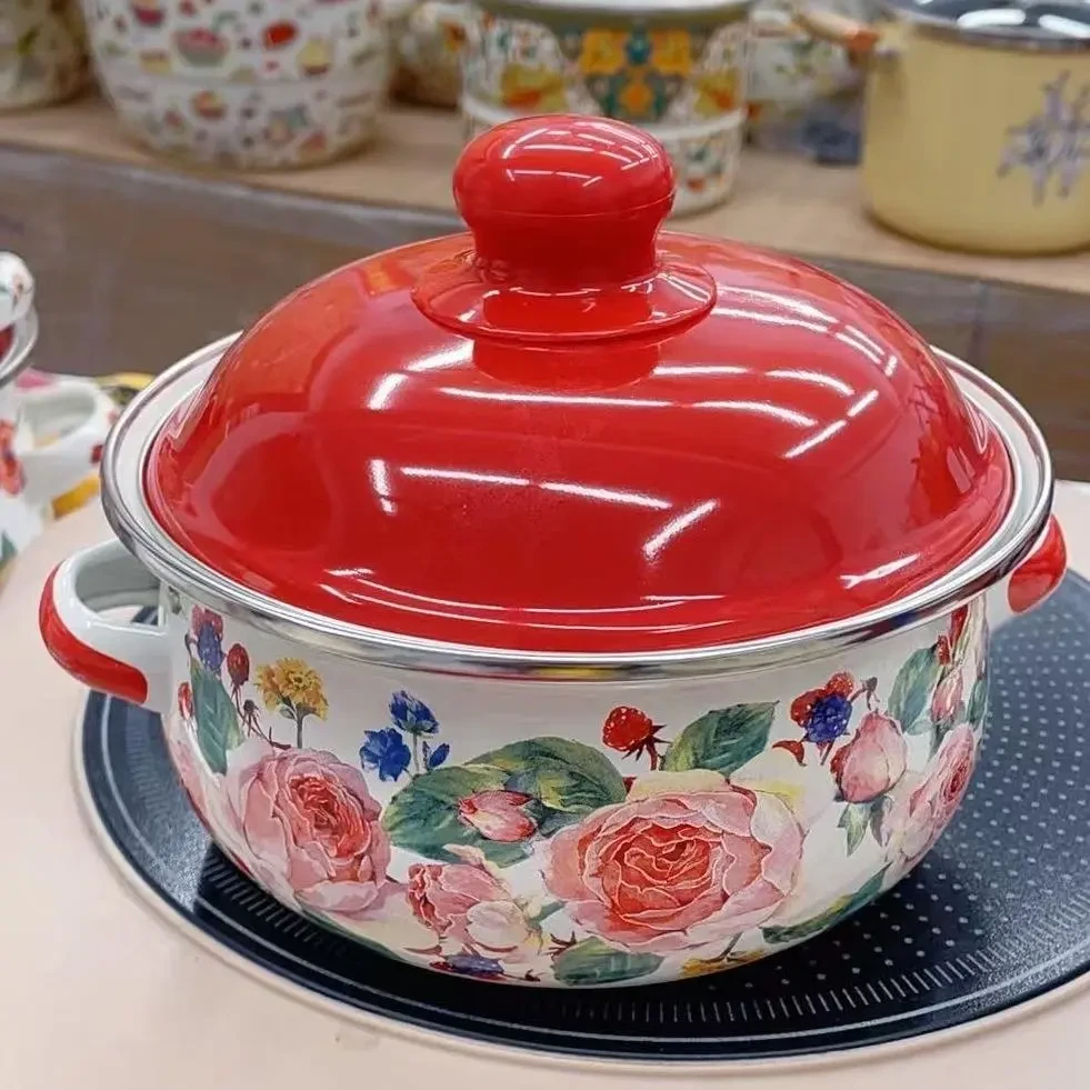 复古花卉搪瓷锅直径18/20CM清新自然辅食锅汤锅可明火