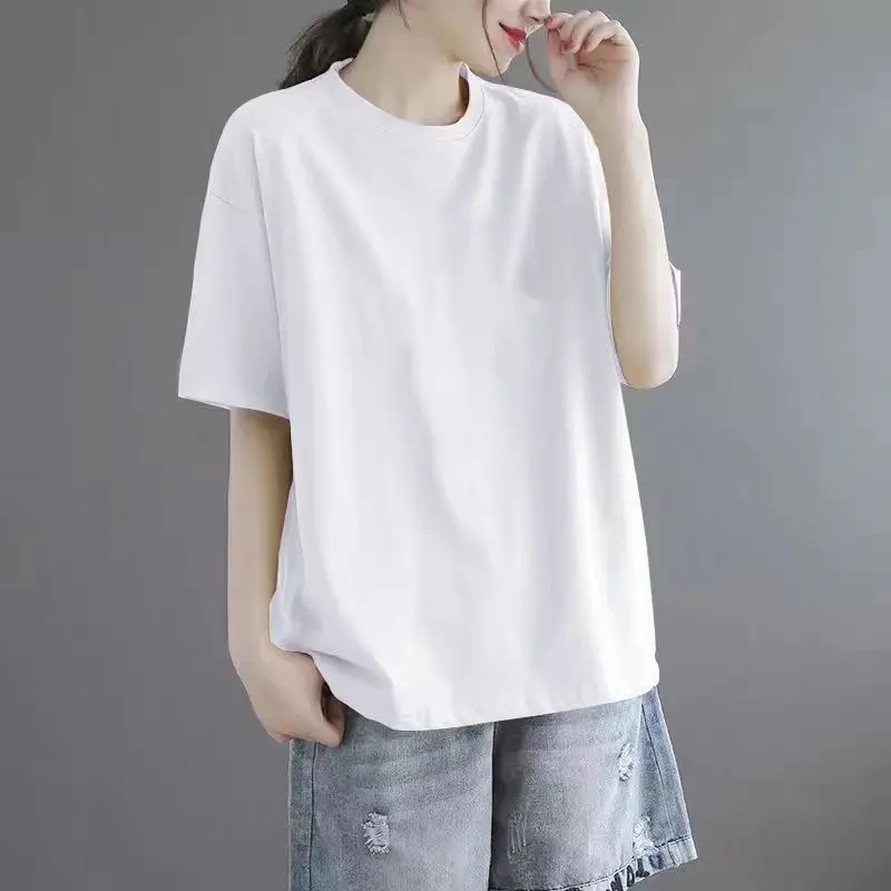 100%棉短袖T恤女夏季大码女装百搭宽松纯色半袖上衣ins中长款