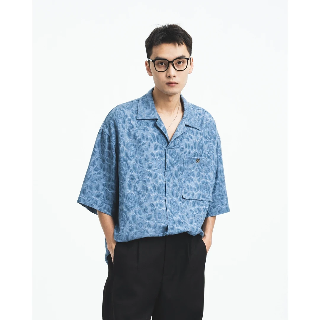 5TM丨Forge“冰雕花叶”提花晕染亚麻夏季复古宽松薄款春夏男士衬衫