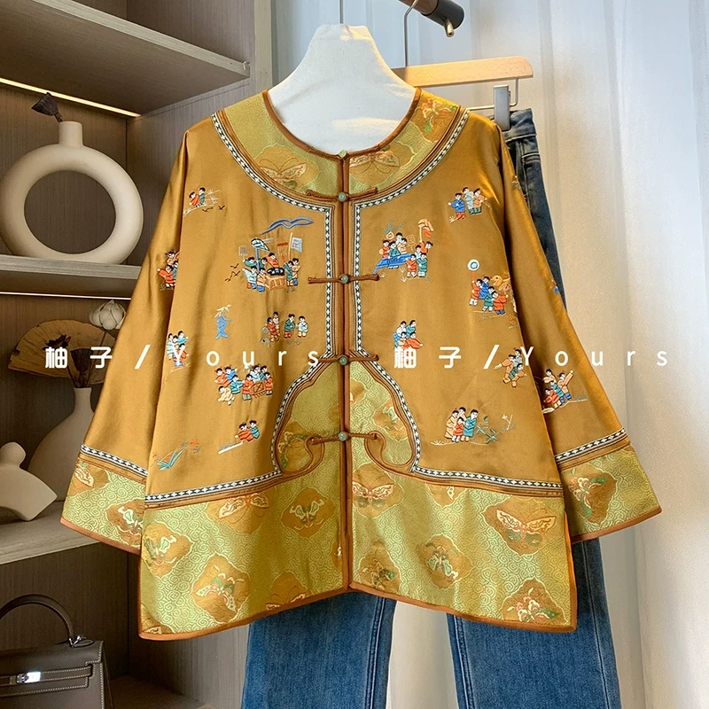 柚子yours【百子如意】桑蚕丝香云纱刺绣拼宋锦手工如意头太太服