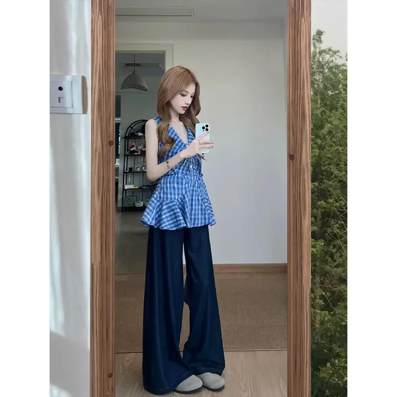 复古蓝色格子V领吊带背心洋气衣服女夏季新款牛仔裤阔腿裤套装