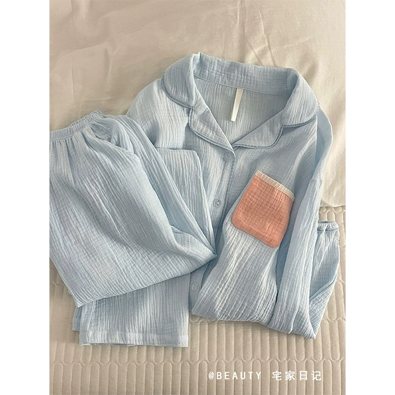少女baby蓝色棉睡衣女春秋季2025新款棉纱长袖家居服可出门套装