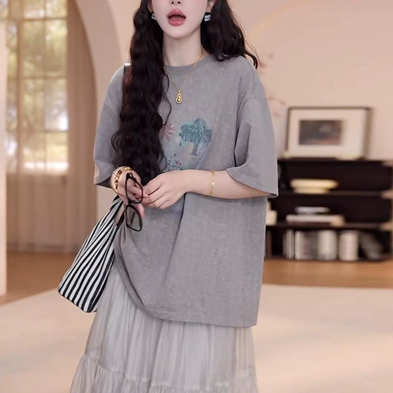 灰色圆领短袖t恤女士2025夏季时尚减龄宽松大版休闲显瘦印花上衣