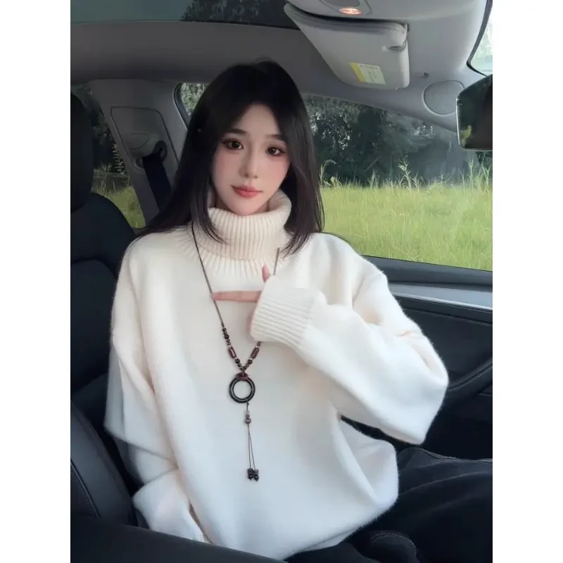 白色美式毛衣男秋冬季加厚加绒慵懒风针织衫高级感内搭时尚打底衫