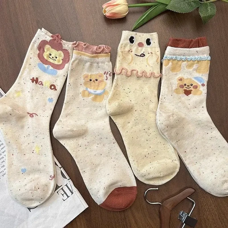 袜子小熊可爱卡通花边春夏季薄款中筒袜日系点子学院甜美堆堆袜