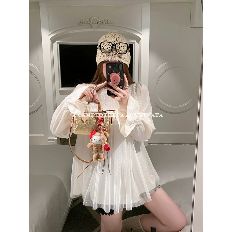 LUU桃喜儿/白色重工蕾丝花边衬衫女春秋植绒设计感长袖宽松上衣