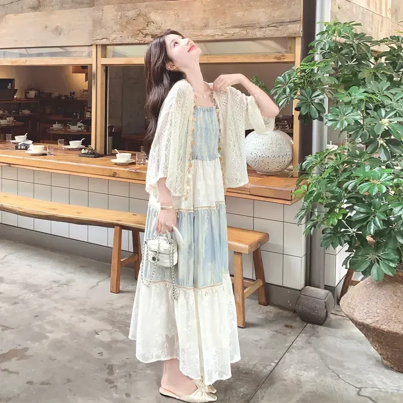 新款南法度假风镂空罩衫撞色吊带裙2025夏季氛围感晕染气质两件套