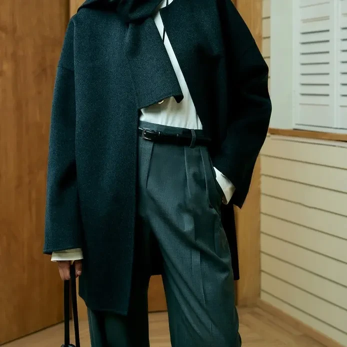 N1070 貂绒羊绒羊毛手工双面呢极简茧型廓形大衣冬季保暖百搭